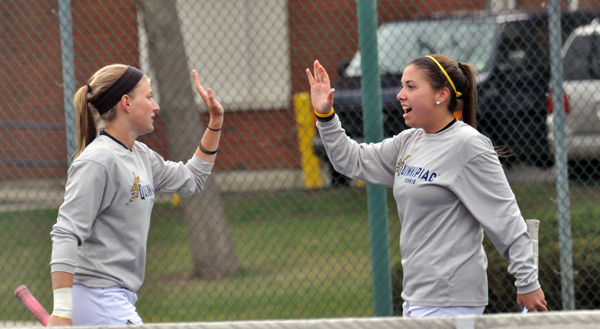 Fordham 7, Quinnipiac 0Quinnipiac's Rachel Cantor high-fives teammate Sarah Viebrock after a point in Sunday's match vs. Fordham.