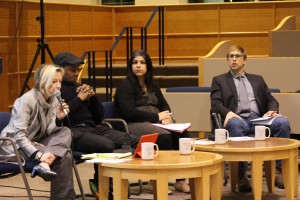 From left to right: University Honors Program Director Kathy Cooke, sociology professor Don Sawyer, legal studies professor Sujata Gadkar-Wilcox and sociology professor Keith Kerr lead the discussion with students.