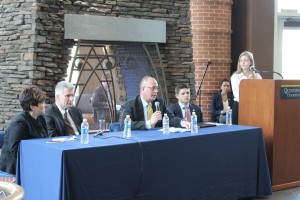 From left to right: Vice President and Dean of Students Monique Drucker, Vice President for Facilities and Capital Planning Salvatore Filardi, Executive Vice President and Provost Mark Thompson, Student Body President Jonathan Atkin, and Student Body Vice President Carly Hviding speak in front of students at the State of the QUnion.