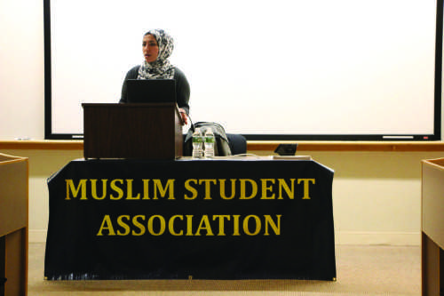 Assisting Muslim Chaplain at Trinity College Shine Hawramani (above) spoke to students during the “Women in Islam” lecture as part of MSA’s Islamic Awareness Week. 