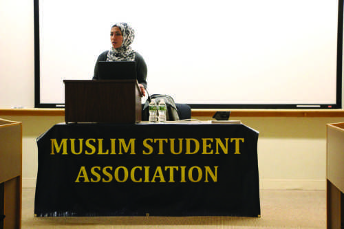 Assisting Muslim Chaplain at Trinity College Shine Hawramani (above) spoke to students during the “Women in Islam” lecture as part of MSA’s Islamic Awareness Week.