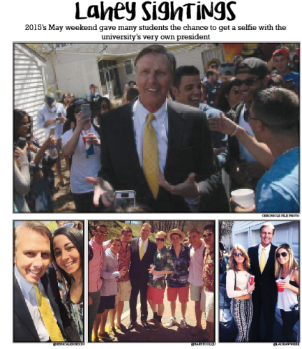 President Lahey was seen around campus during May weekend last year, and most notably at the WiGo party (top) where he made a speech.
