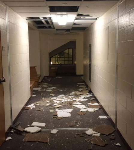 Ceiling tiles were punched out in Commons on Saturday, April 30