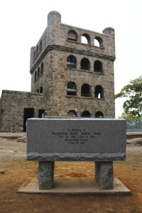 Jackie’s bench sits in front of the tower on Sleeping Giant State Park.