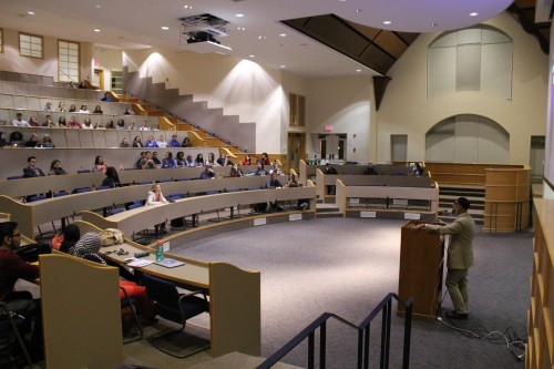 Omer Bajwa of Yale University addresses students in Mount Carmel Auditorium on Monday, Oct. 23.
