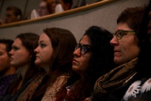 Students listen to the discussion on the 2-16 presidential election results.